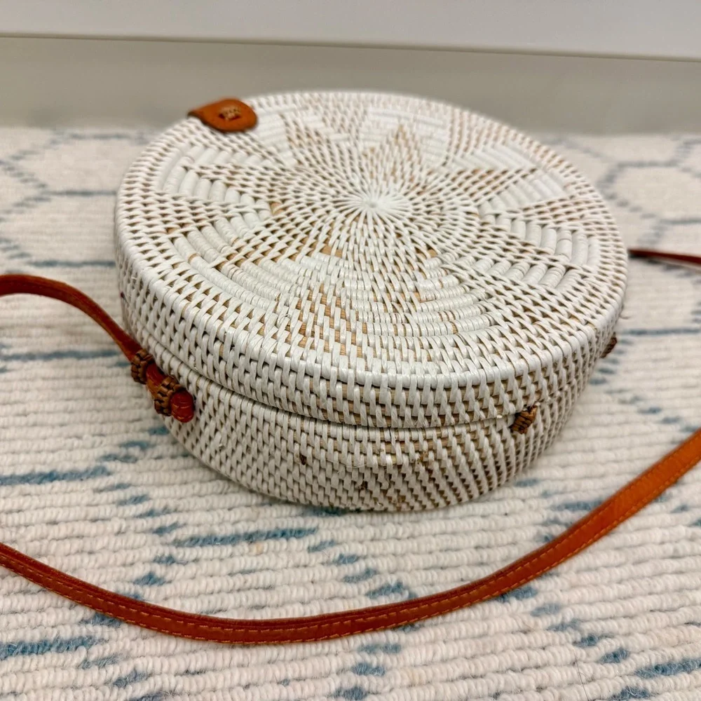 HANDMADE White Woven Boho Rattan Round Crossbody Leather Strap Tropical Lining